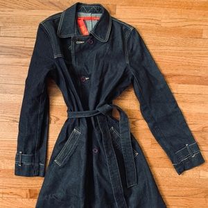 BCBG Dark Denim Trench Coat with Waist Tie